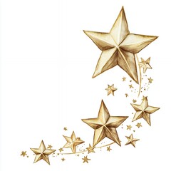 Golden Five Pointed Stars Watercolor Illustration on White Background