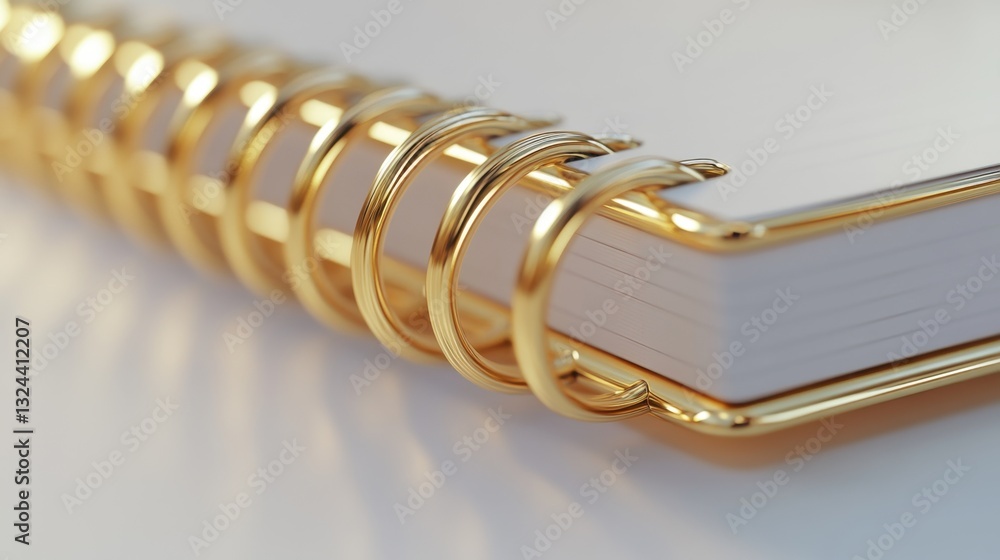 Poster close-up of golden spiral binding on a white notebook page