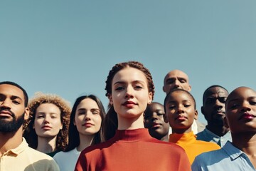 capture diverse group of individuals from different backgrounds standing together in harmonious setting looking directly