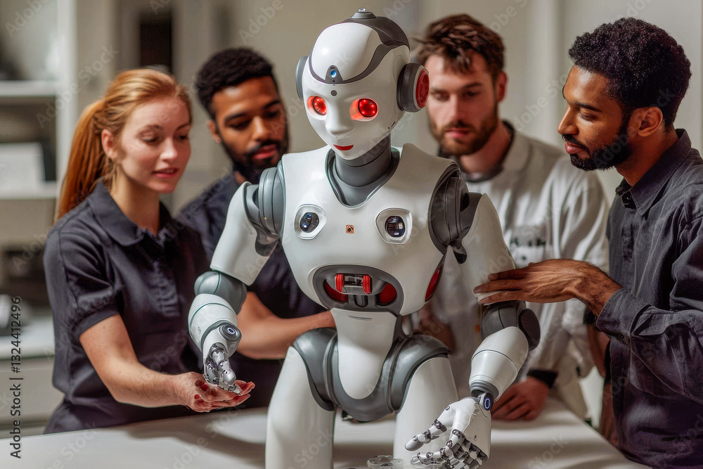 Poster a diverse team of engineers testing a humanoid robot in a high-tech laboratory. the futuristic robot