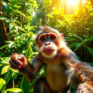 playful monkey selfie in lush jungle sunlight