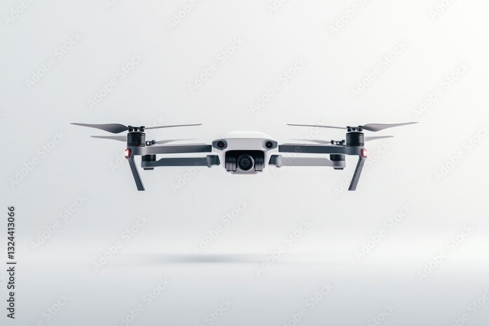 Poster capture high-resolution image of sleek modern drone hovering in mid-air against seamless white background
