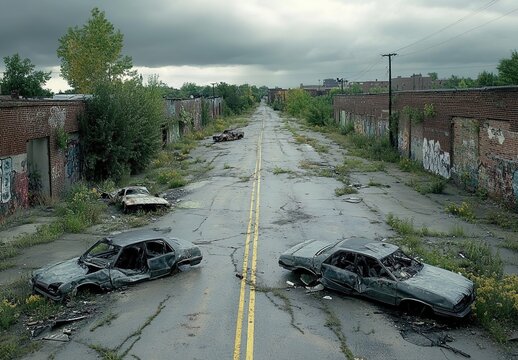 A dilapidated, abandoned road in Detroit with broken-down cars, trees, and overgrown graffiti on the sides, under a cloudy sky.