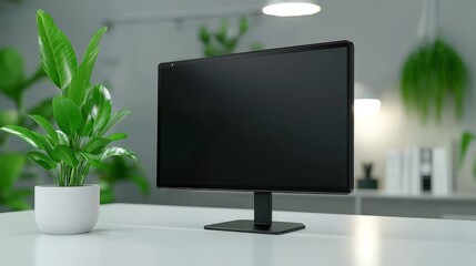 Modern workspace essentials, sleek monitor setup with indoor plant for enhanced productivity and style