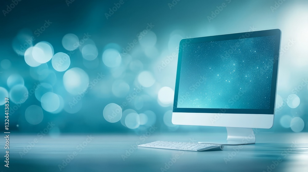 Aufkleber modern workspace setup, computer monitor on a desk with blurred background.