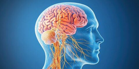  3D illustration of a human head with the brain and nervous system on a blue background, close-up view.