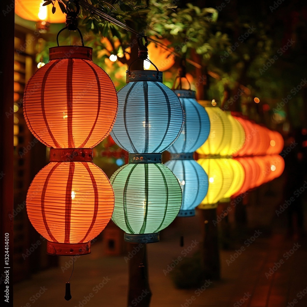 Poster beautiful tree adorned with a bunch of lanterns hanging from its branches in a magical setting