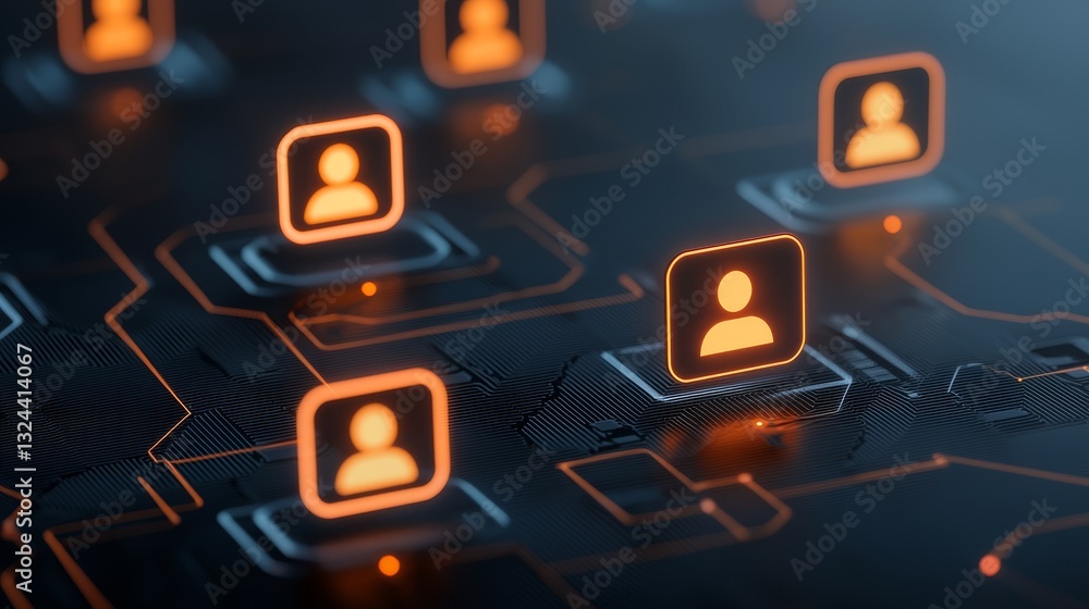 Poster glowing orange icon on computer circuit board, symbol of technology, processing and data flow
