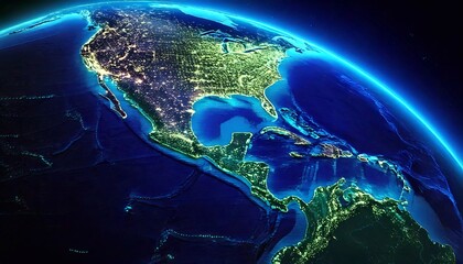 Obraz premium Brightly lit Pacific Ocean and North America showcased on a neon map at night