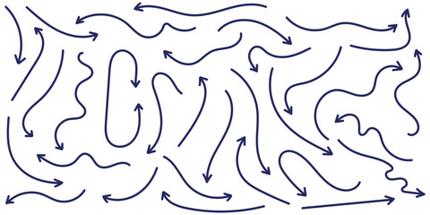 Hand drawn arrow vector icons set. Set of simple lines hand drawn blue arrows in various style. Set of simple of hand drawn blue arrows. Set of simple lines hand drawn blue arrows.