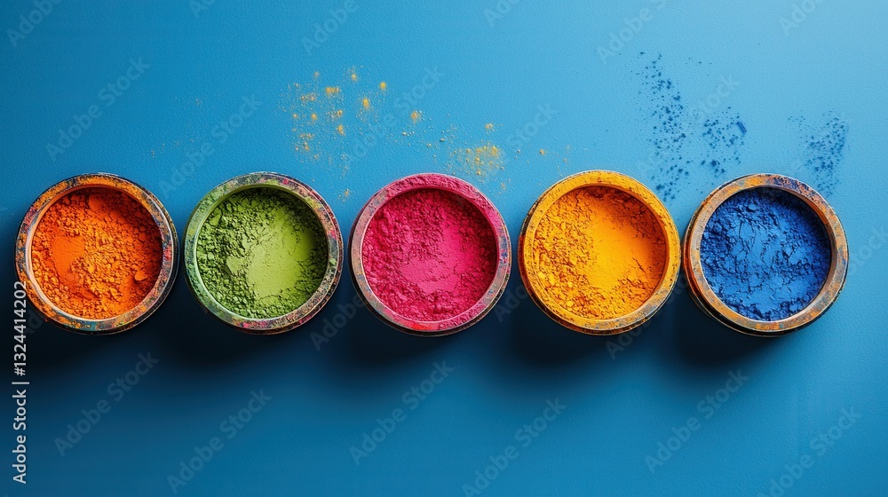 Poster vibrant row of colorful powders in various shades displayed on a white background for art projects
