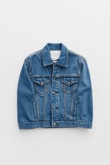 capture neatly folded denim jacket centered on plain white background emphasizing classic blue and intricate stitching