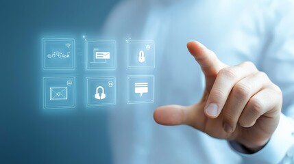 Interactive touch screen experience, person engaging with vibrant digital interface icons