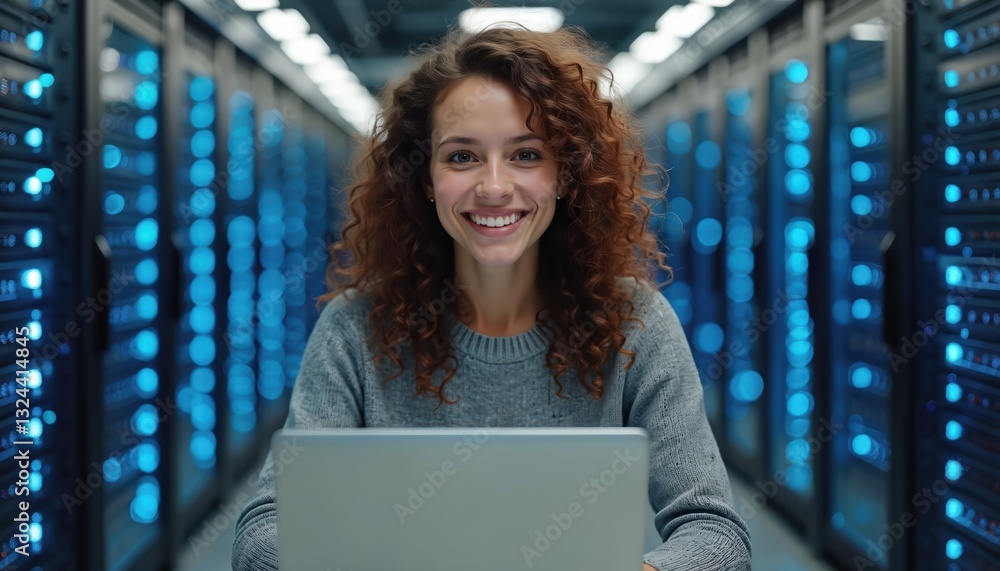 Poster smiling woman system administrator works with laptop in server room. technician programs hardware ma