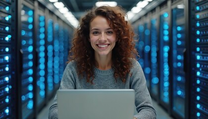 Smiling woman system administrator works with laptop in server room. Technician programs hardware maintenance checks equipment. Data center specialist happy with work in database cyberspace, solves