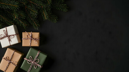 Festive Christmas Gift Boxes Decorated With Ribbons on a Dark Background With Evergreen Branches and Copy Space