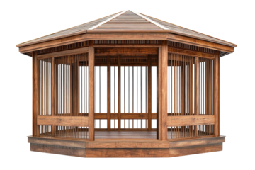 A beautifully crafted wooden gazebo stands in serene surroundings, inviting relaxation and joy isolated on transparent background