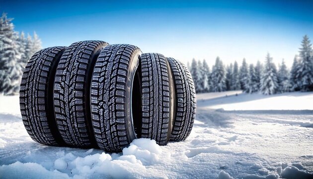 Winter tires positioned on fresh snow while surrounded by a serene winter landscape