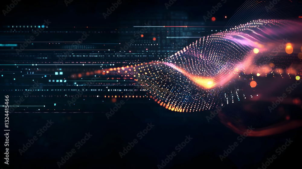Aufkleber abstract digital wave of glowing particles in motion with colorful light trails on dark background