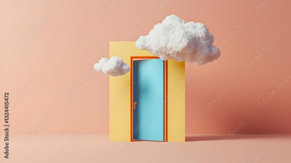 Poster ajar light blue door on a yellow wall with fluffy white clouds floating on a soft peach background e