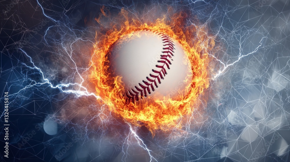 Poster baseball ball on fire and water with lightening around on abstract polygonal background. horizontal 