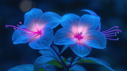 Two blue flowers with pink centers, glowing softly in a dark setting