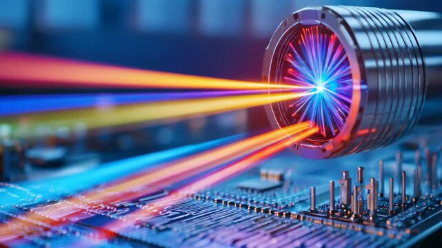 Macro shot of an advanced laser processing chip with prism reflections casting vibrant rainbow light and concentrated red and blue laser beams flowing through nanostructures