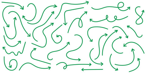 Simple lines, hand-drawn green arrows set in various styles. Hand-drawn curved, doodle, and zigzag dotted arrow collection. 