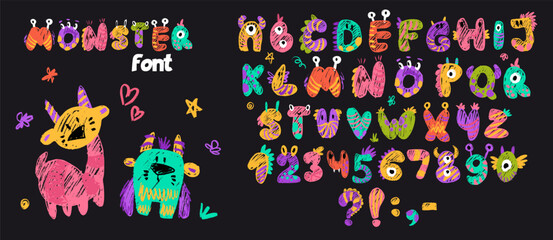 Little cute monster alphabet for baby design with funny cartoon letters for children. Kawaii font with numbers for invitation, greeting card, kindergarten banner. Vector hand drawn crayon illustration © Foxelle