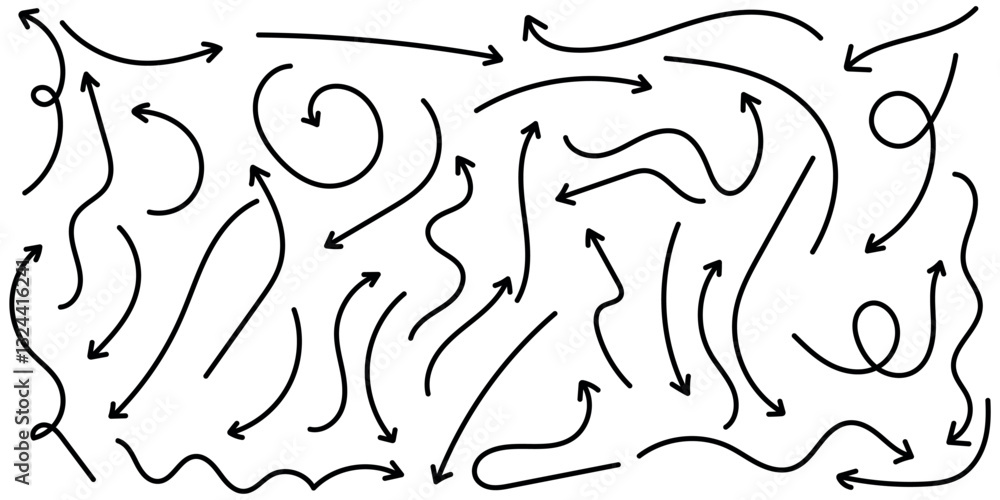 Poster set of simple lines in different directions. set of simple black arrows. sets of simple hand drawn l