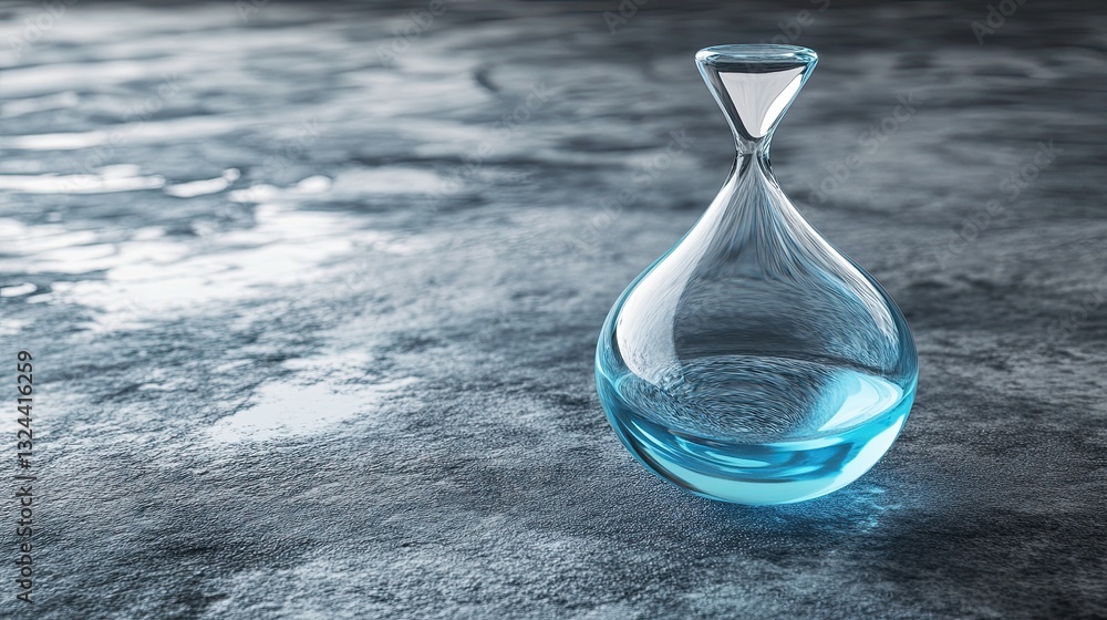Poster on a grey surface, a clear droplet shaped like a teardrop appears to float, reflecting a sense of ca