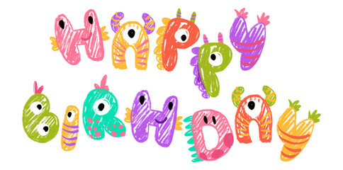 Monster birthday Party. Monster or Dinosaur lettering. Bright modern illustration for kids, nursery, poster, card, birthday party, packaging paper design. Vector cartoon crayon colorful illustration