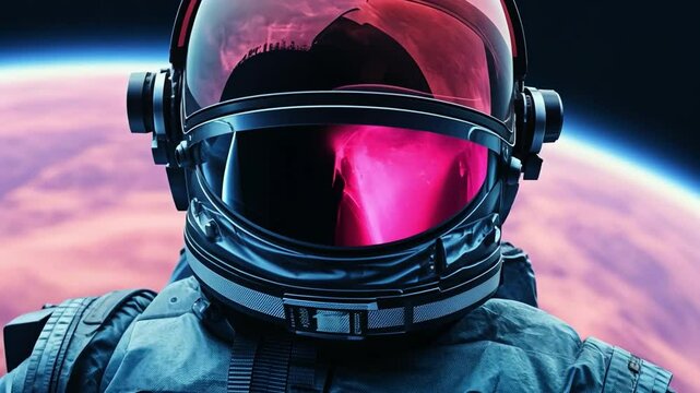 Cosmic Explorer: A close-up shot of a astronaut helmet. The visor reflects a vast galaxy.