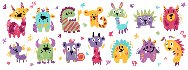 Cute crayon monster set, doodle spooky kids creature, colorful hand drawn pencil illustration. Monster drawing for kids or children notes or cover design