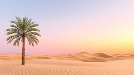 Desert landscape with palm tree at sunrise