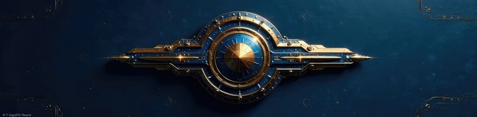 Naklejka premium Spacecraft badge with gold accents on dark blue background, spaceship, galaxy, metallic