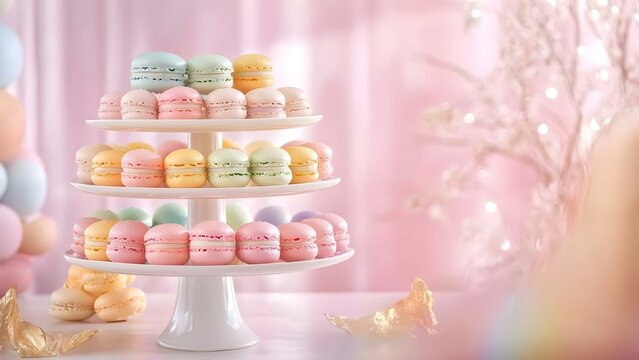A tiered cake stand filled with colorful macarons in pastel shades, set against a soft pink background with decorative elements. Concept Tiered Cake Stand, Colorful Macarons, Pastel Shades