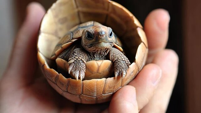 Small tortoise nestled in a wooden shell being held gently in hands indoors