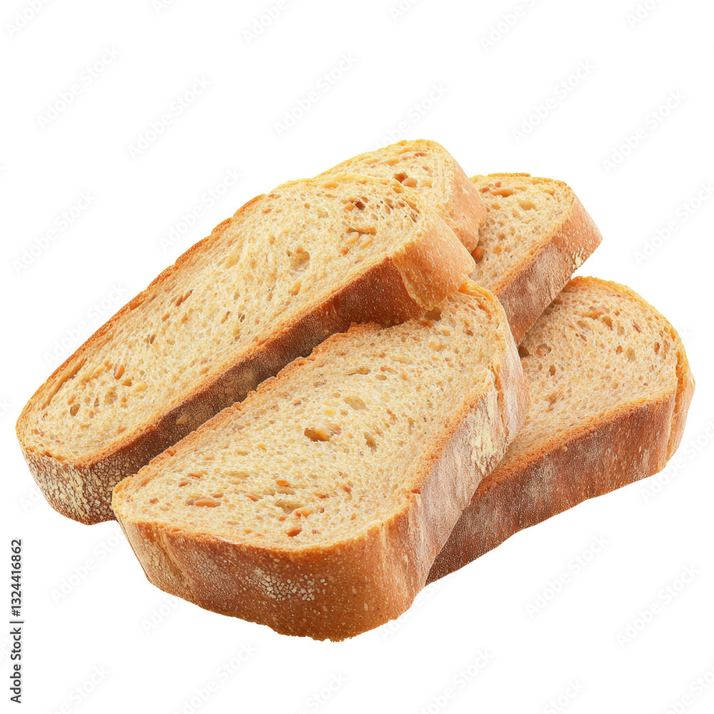 Poster three freshly cut slices of bread arranged neatly on a white surface with a focus on their texture a