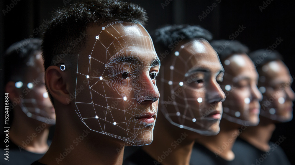 Poster abstract 3d camera scanning faces. polygonal face recognition system, biometric scanning, technologi