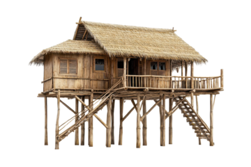 Charming raised wooden cottage with thatched roof in a serene tropical setting isolated on transparent background