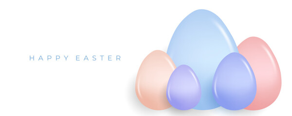 Happy Easter festive banner. Soft colored glossy Easter Eggs on white background. Vector illustration.