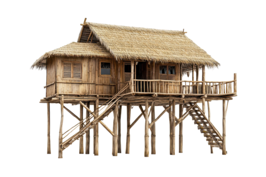 Charming raised wooden cottage with thatched roof in a serene tropical setting isolated on transparent background
