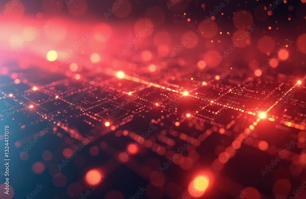 Poster futuristic digital matrix with glowing neon lights and bokeh effect. tech design with orange, pink, 
