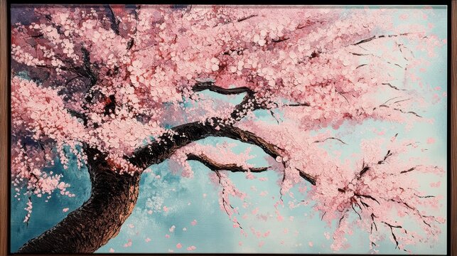A cherry blossom tree depicted in oil painting style, with rich textures and soft hues, capturing the serene beauty of spring.