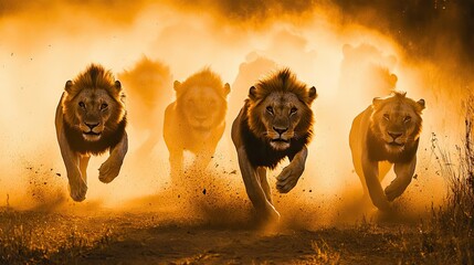 A group of lions dashing through a sandy landscape bathed in the golden hour