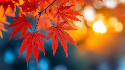 Red Maple Leaf Display with Bokeh Effect and Golden Light Backdrop