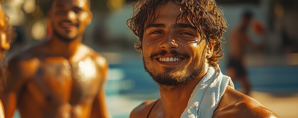 Smiling friends enjoying a sunny day outdoor by the swimming pool