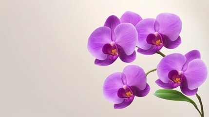 Obraz premium A realistic purple orchid with intricate details, set against a light background with space for text on the top, suitable for elegant invitations.