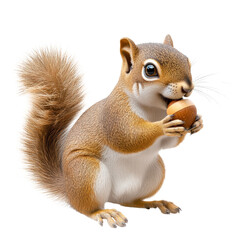 Fototapeta premium A curious squirrel happily eating a nut on a soft surface with a focus on its adorable features and natural behavior isolated on a white background.